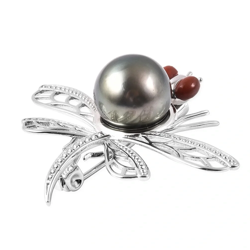 Tahitian Pearl & Red Jade Dragonfly Pendant/Brooch